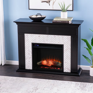 Fireplace mantel w/ authentic marble surround in eye-catching herringbone layout Image 3