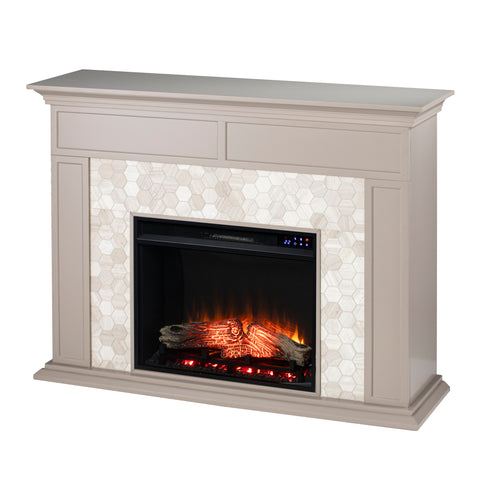 Image of Fireplace mantel w/ authentic marble surround in eye-catching hexagon layout Image 7