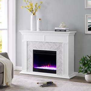 Fireplace mantel w/ authentic marble surround in eye-catching herringbone layout Image 2