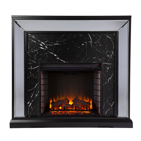 Image of Elegant mirrored fireplace mantel w/ faux stone surround Image 2