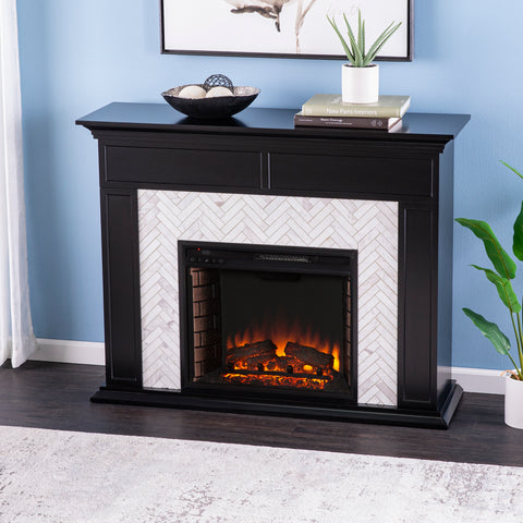 Image of Fireplace mantel w/ authentic marble surround in eye-catching herringbone layout Image 3