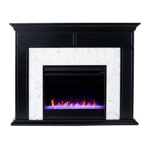 Image of Fireplace mantel w/ authentic marble surround in eye-catching herringbone layout Image 4