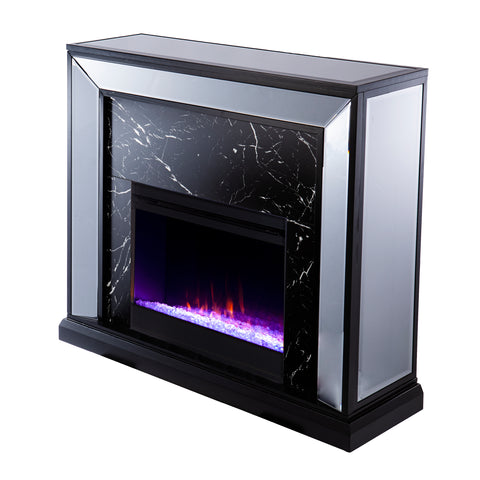 Image of Elegant mirrored fireplace mantel w/ faux stone surround Image 3