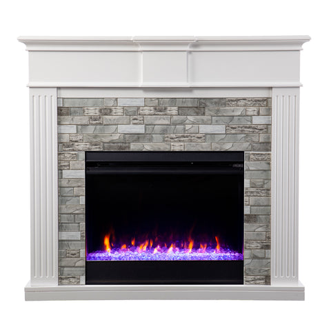 Image of Color changing electric fireplace w/ modern faux stone surround Image 3